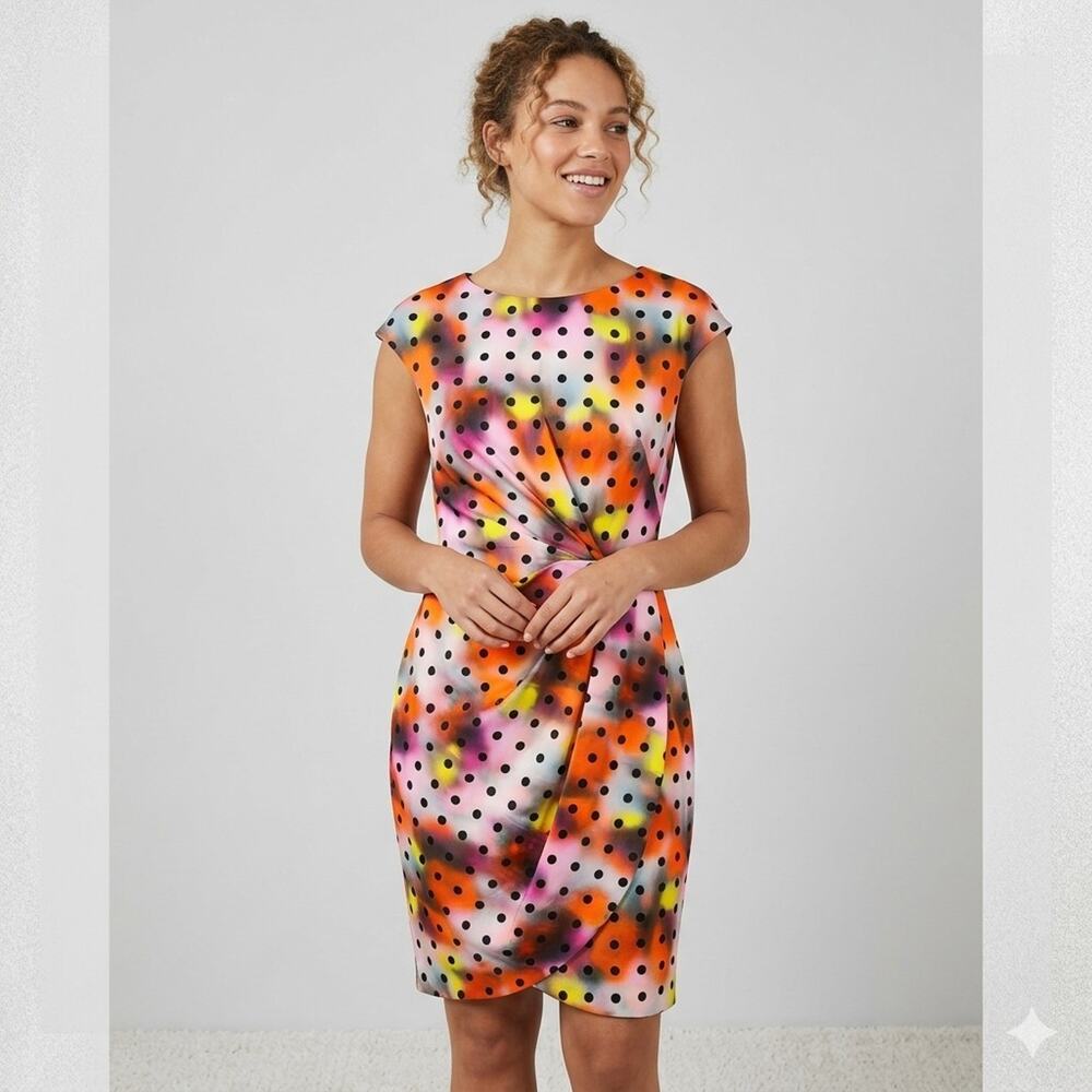 Lela Rose Watercolor Polka Dot Sheath Dress Women's 8 Red Pink Yellow Cocktail